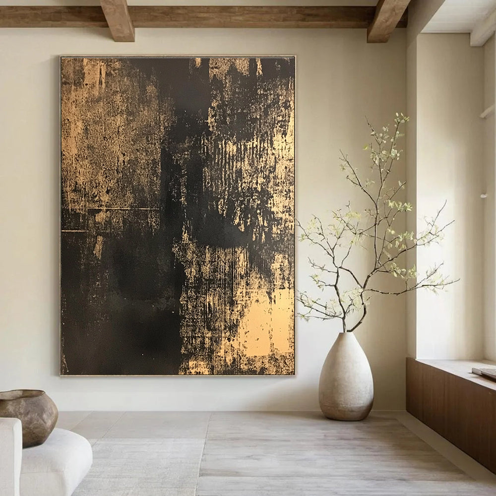 Abstract painting in black and gold on distressed dark brown canvas showcasing intricate details and subtle patterns reminiscent of traditional Chinese art.STSC855