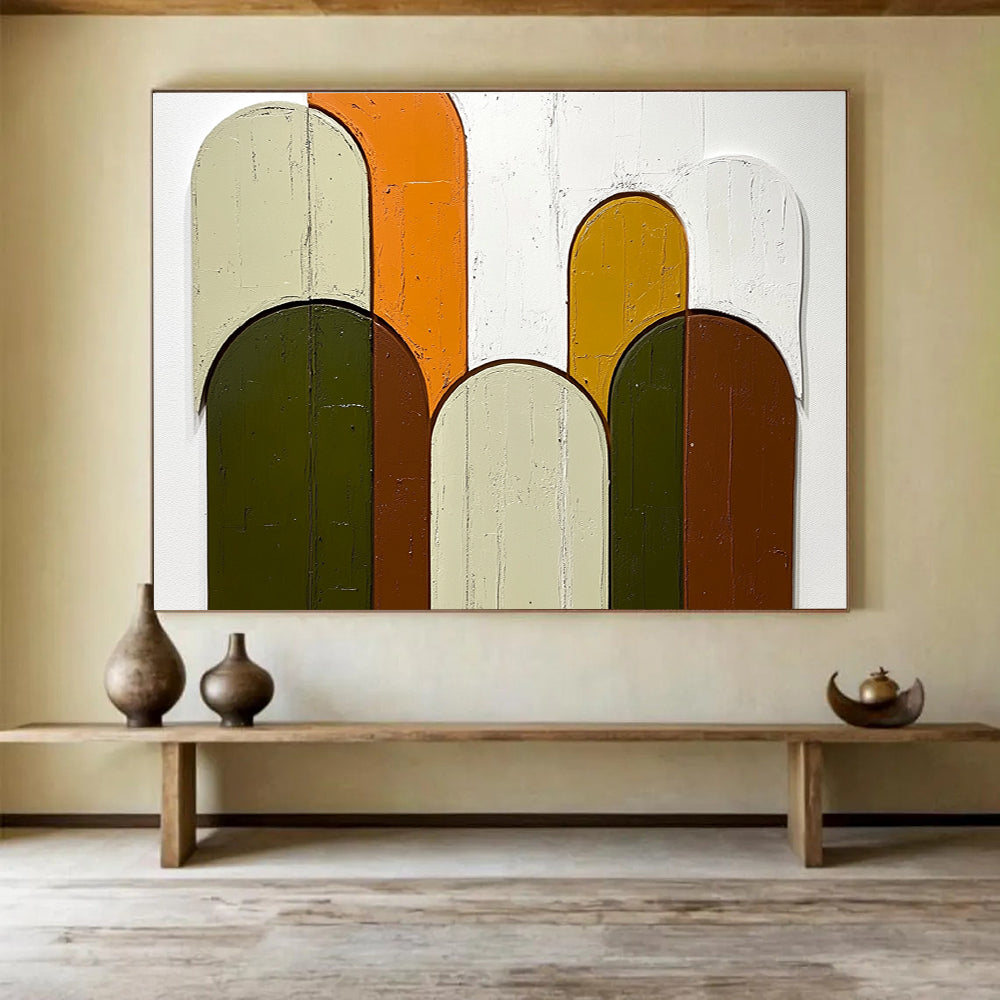Colorful Arched Shapes Abstract Painting with Green Orange and Brown Tones DYP587