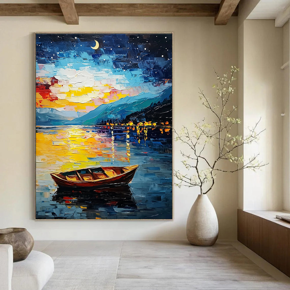 Large Abstract Painting of Lake Tahoe at night featuring stars moon colorful sky small boat mountain reflections in vibrant oil paint style.STSC1132