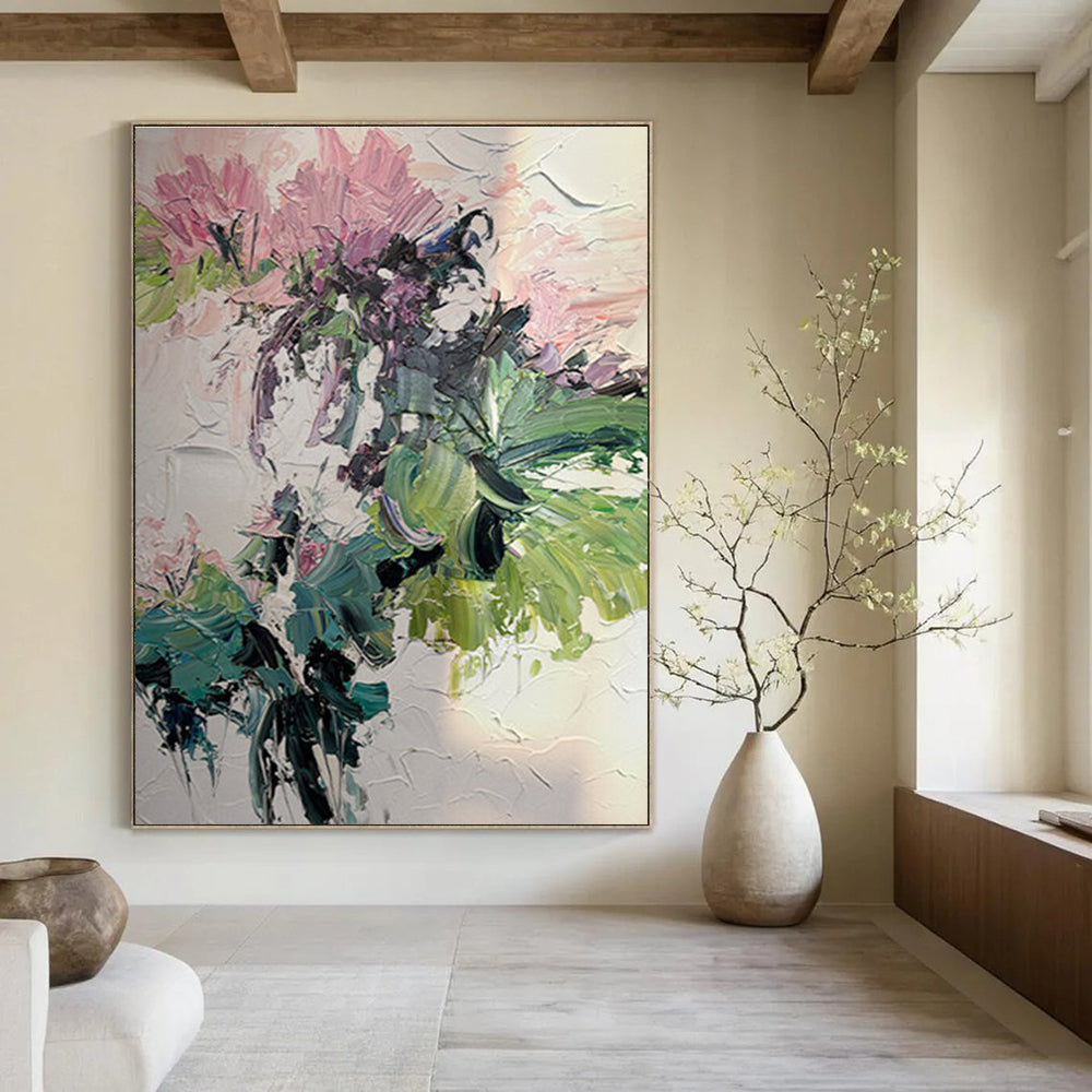 Pink Flower Abstract Oil Painting with Green Accents ADGE271