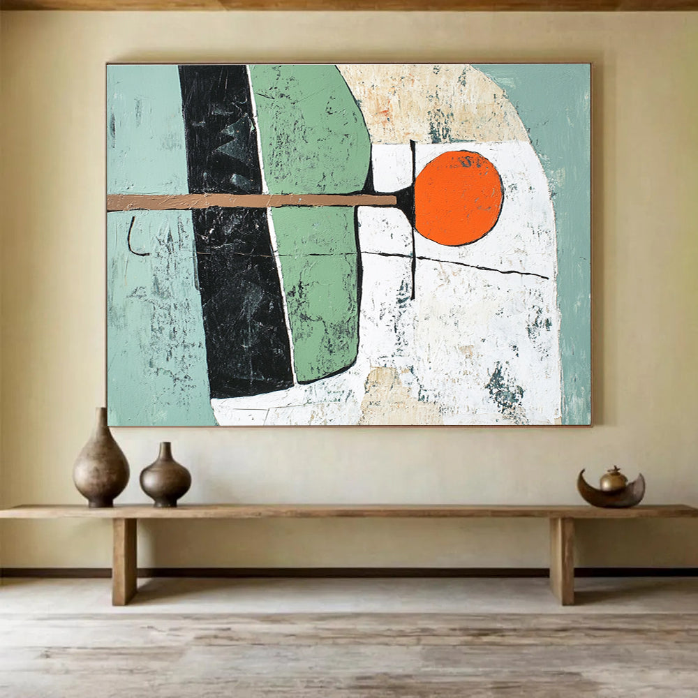Geometric Shapes Abstract Painting with Green Black and Orange Tones DYP351