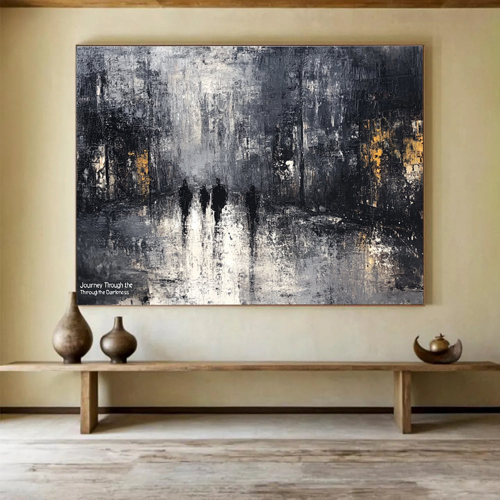 Dark Cityscape Abstract Painting in Black and Gray DYP445