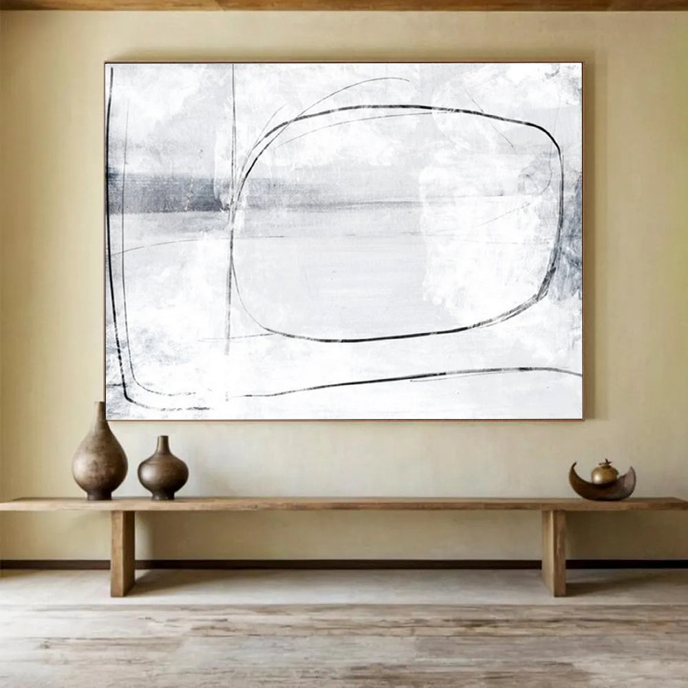 Grey and White Minimalist Line Abstract Painting THY140