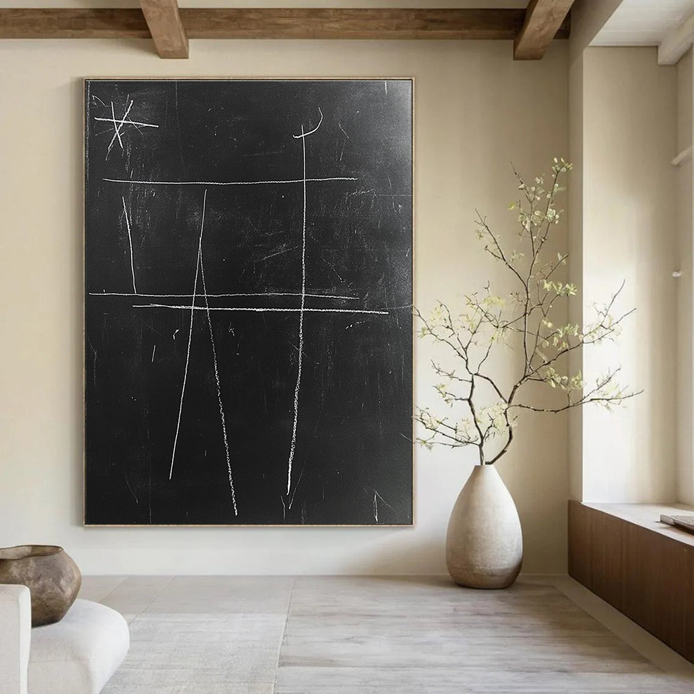 A large abstract drawing featuring simple lines and thick white chalk textures on a black chalkboard, inspired by Matisse's minimalism.STSC1061
