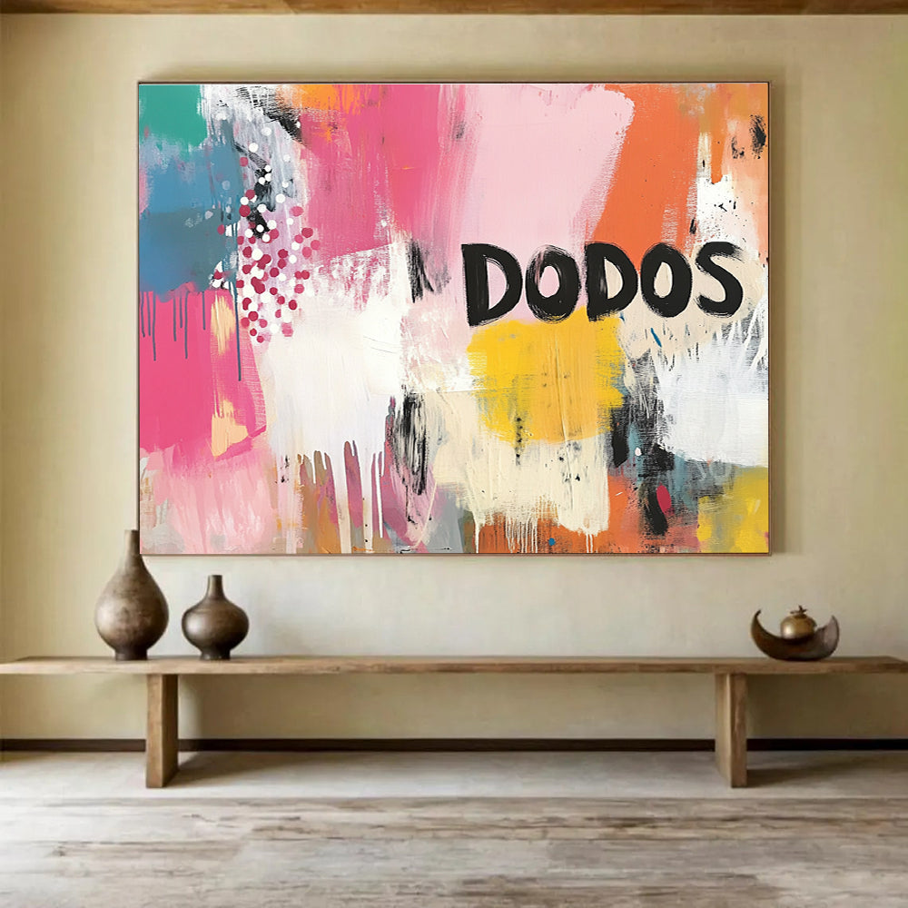 Vibrant abstract painting with bold brushstrokes and dynamic patterns in energetic colors featuring large DODOS lettering creating an urban ambiance.SC456