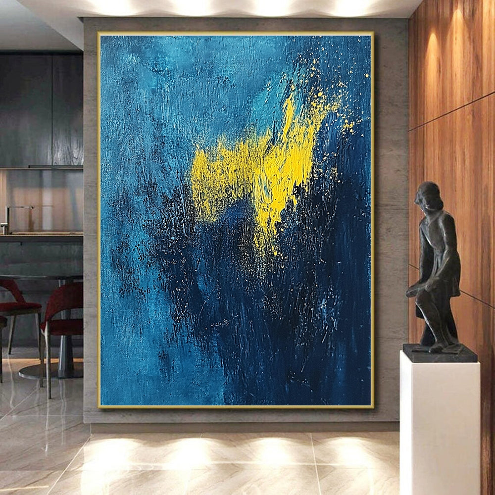 Deep Blue and Yellow Abstract Painting with Dynamic Splashes GER395