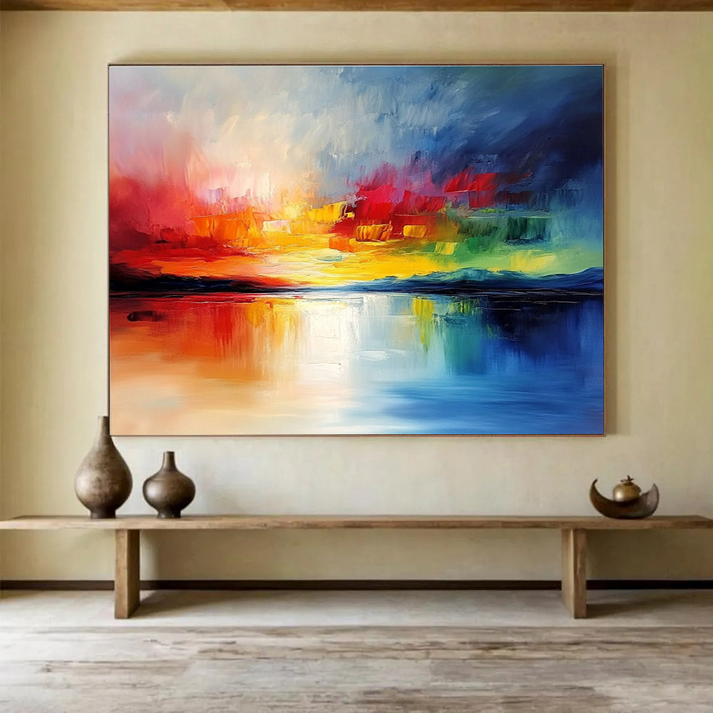 Large abstract painting featuring vibrant clouds and reflective water in rich colors creating a stunning visual impact through heavy texture and bold brushstrokes.SC076