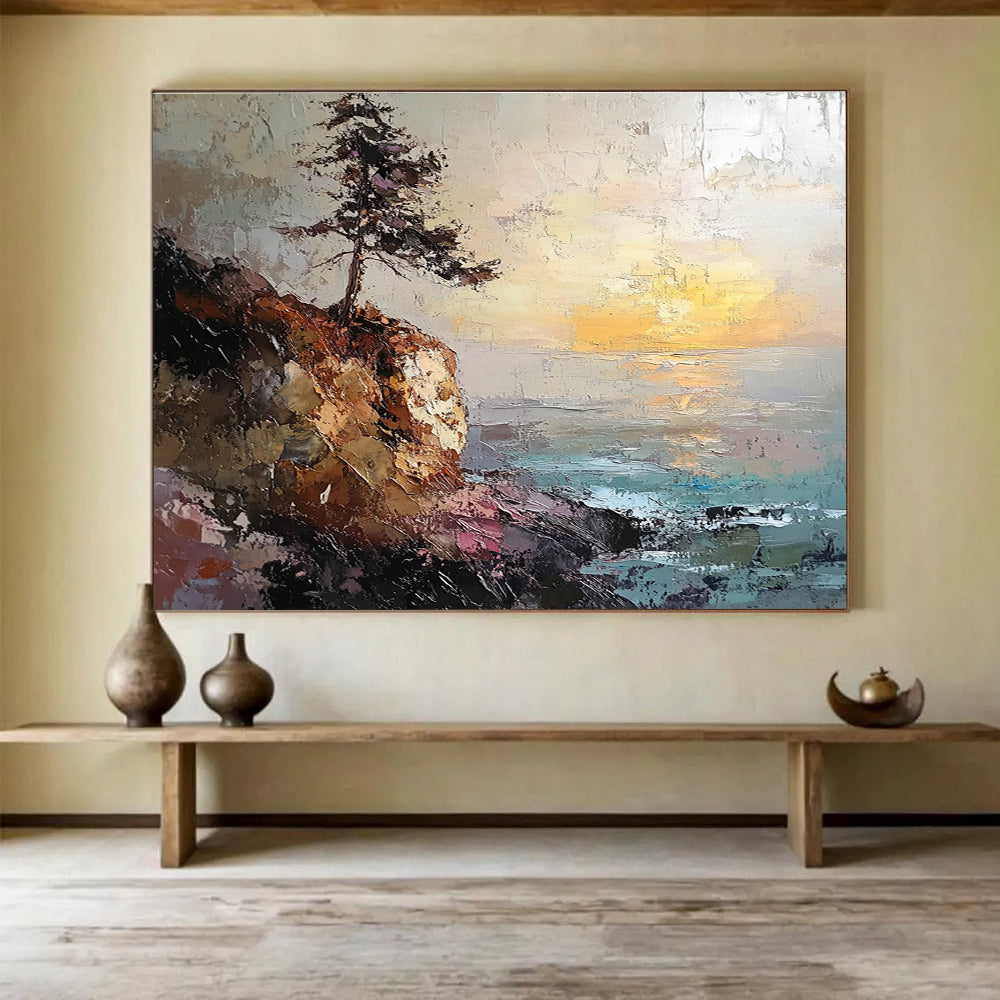 Abstract painting featuring a rocky coastline with a pine tree on a cliff under a sunset in textured oil paint.SC599