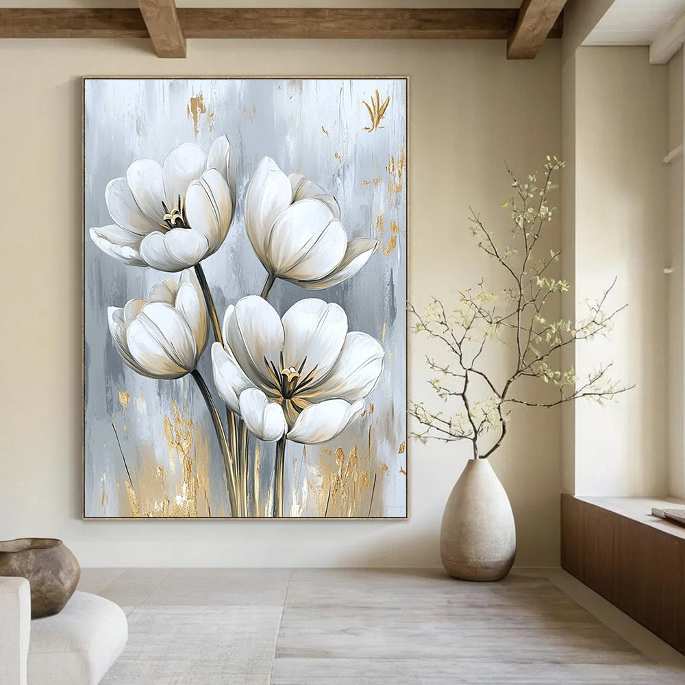 Large abstract painting featuring white tulips with delicate petals and gold embellishments perfect for elegant home interior design.STSC1478