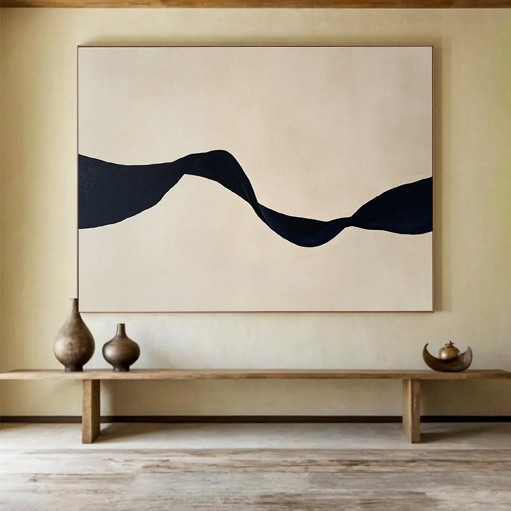 Large abstract painting featuring minimalist black ribbon shapes against a light beige background, embodying tranquility and elegance in any space.SC588