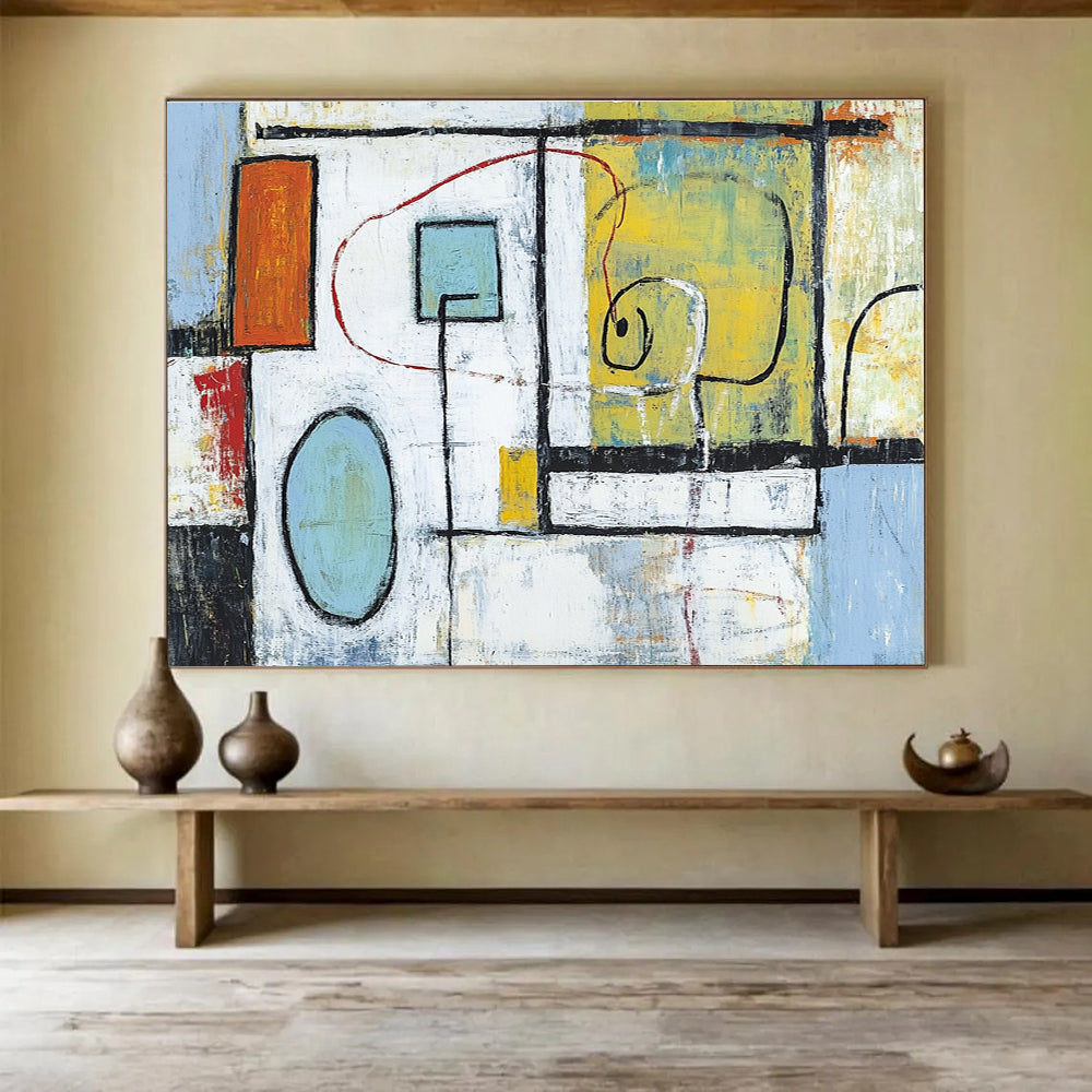Large abstract painting featuring light blue white and green shapes with red lines yellow forms and black outlines set against a soft orange black background.SC194