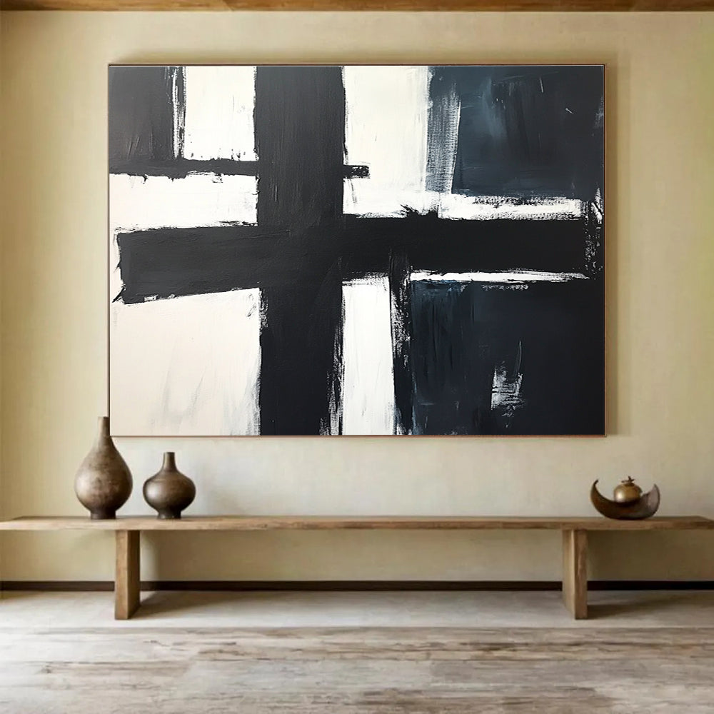Large abstract painting in black and white featuring a central cross, inspired by John Blackwood, simple modern aesthetic with bold strokes.SC018