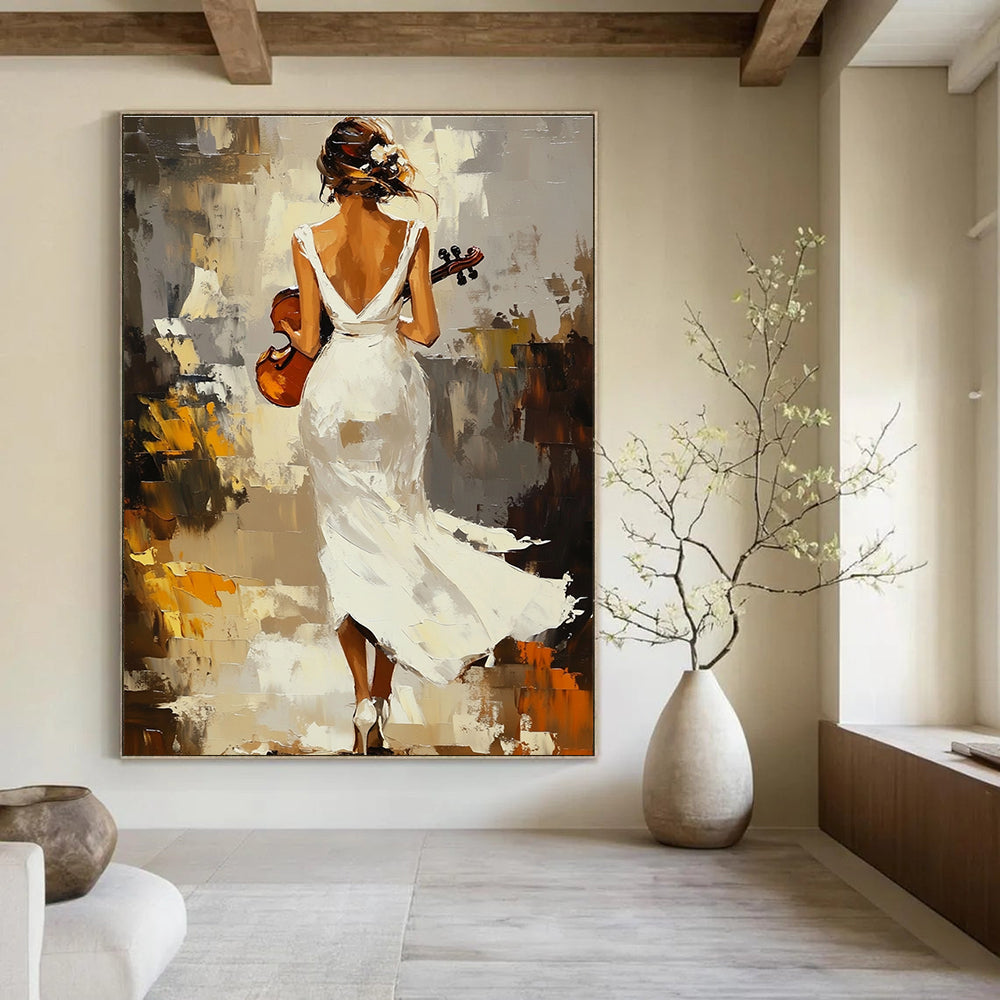 Abstract painting of an elegant woman in a flowing white dress holding a violin amidst warm impressionist scenery with visible brush strokes.STSC1379