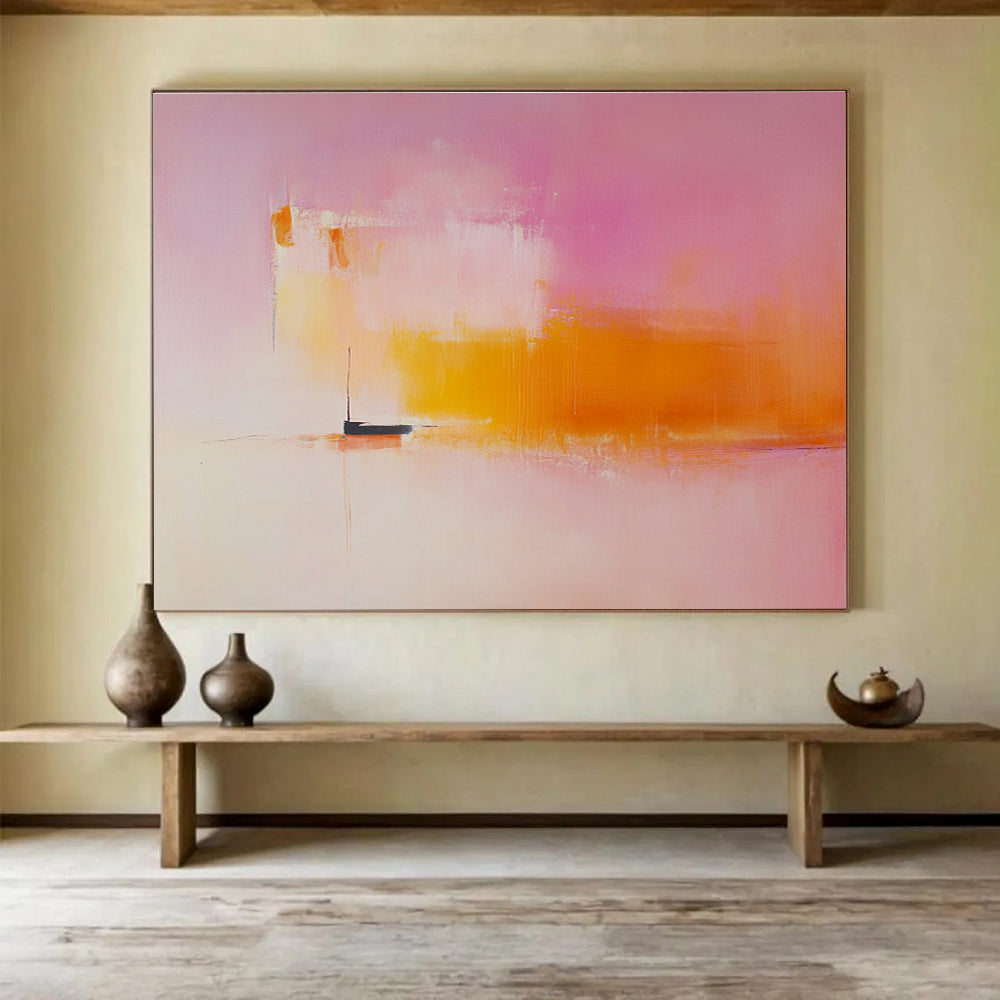 Large abstract painting featuring light pink and orange hues with a small boat on the horizon in a minimalist blurred landscape.SC330