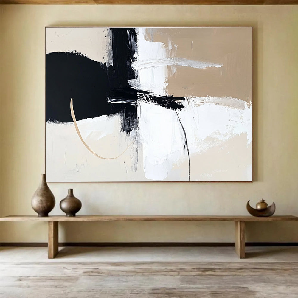 Large abstract painting in black white and beige featuring thick brush strokes and bold shapes for modern decor.SC499