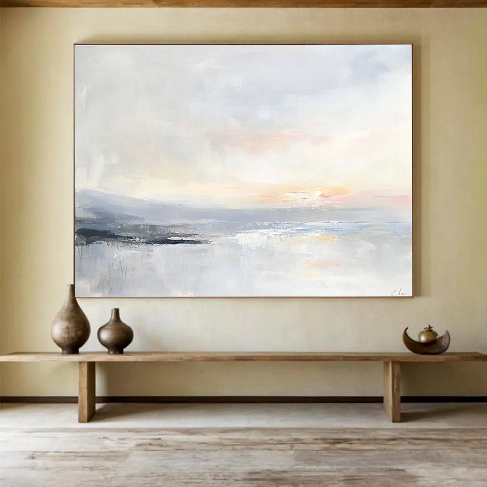 Large abstract painting of a serene ocean landscape in soft pastels with visible brush strokes and a tranquil sunrise over calm waters.SC161