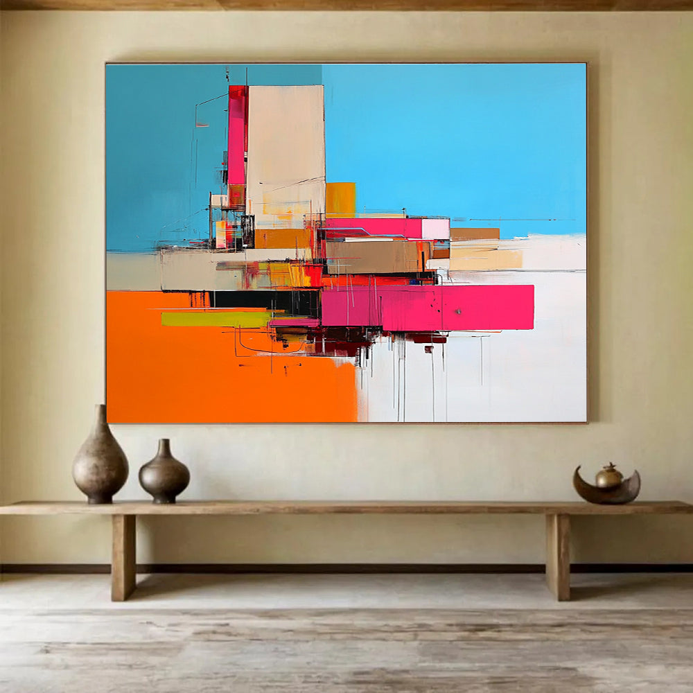 Large abstract painting of an industrial building in vibrant pink and orange hues against a blue backdrop capturing dynamic beauty.SC159