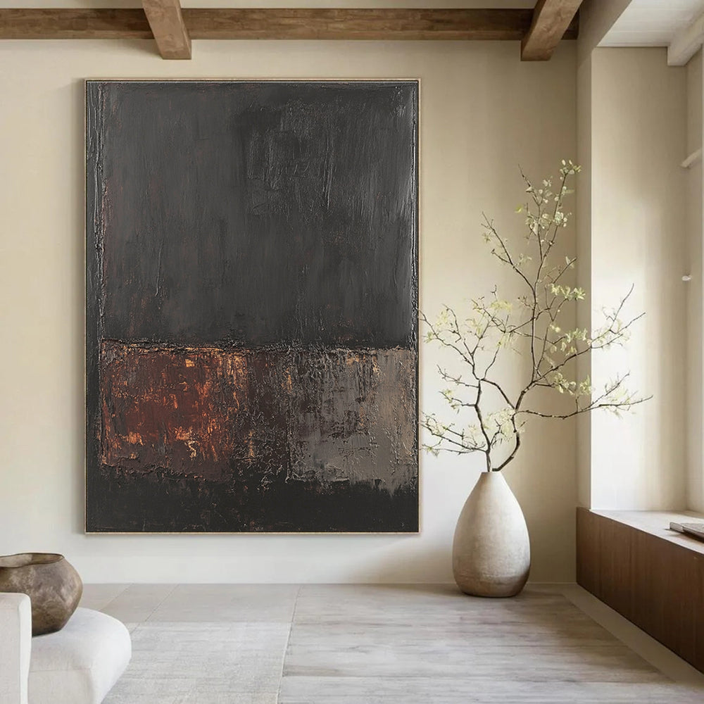 Large abstract painting in dark gray and brown inspired by Rothko with textured oil paint on a black background created using a palette knife.STSC621