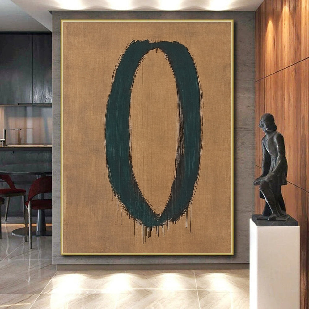 Teal Oval on Beige Abstract Painting with Expressive Brushstrokes GER033