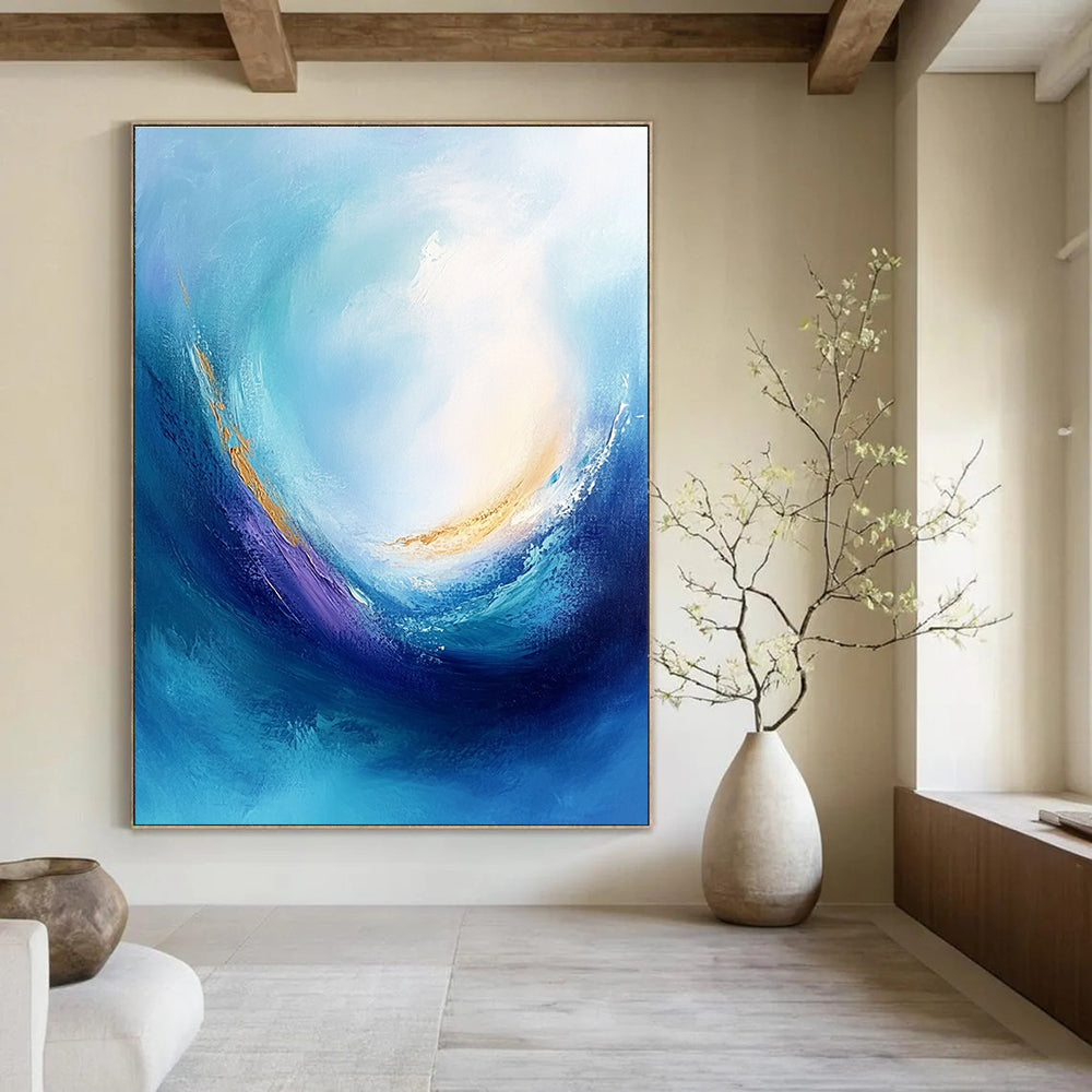 Large abstract painting of a blue sea with swirling vortices and emotional colors depicting tranquility and calmness in high resolution.STSC042