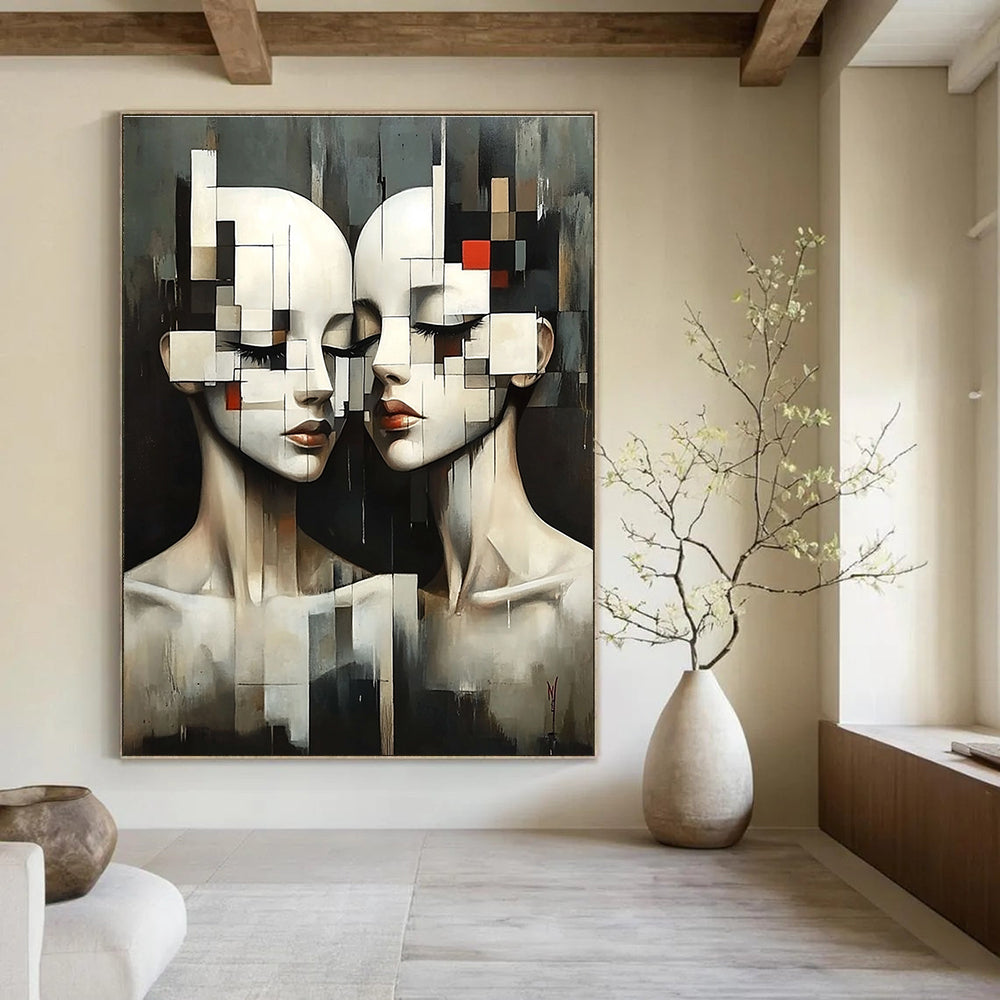 Large abstract painting featuring two female figures in geometric forms with pixelated faces and a dark background in Ismail Inceoglu's style.STSC1447