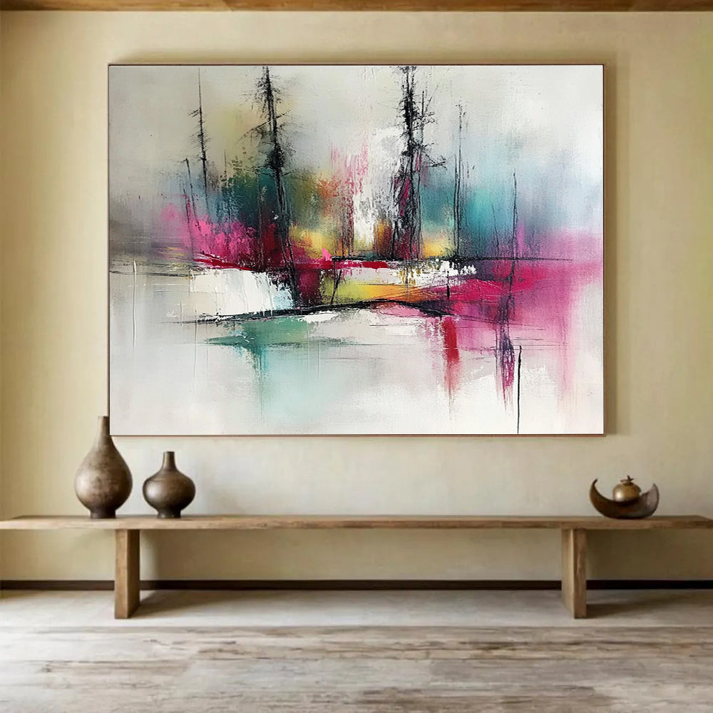 Colorful Forest Reflection Abstract Painting with Vibrant Trees and Water DYP249