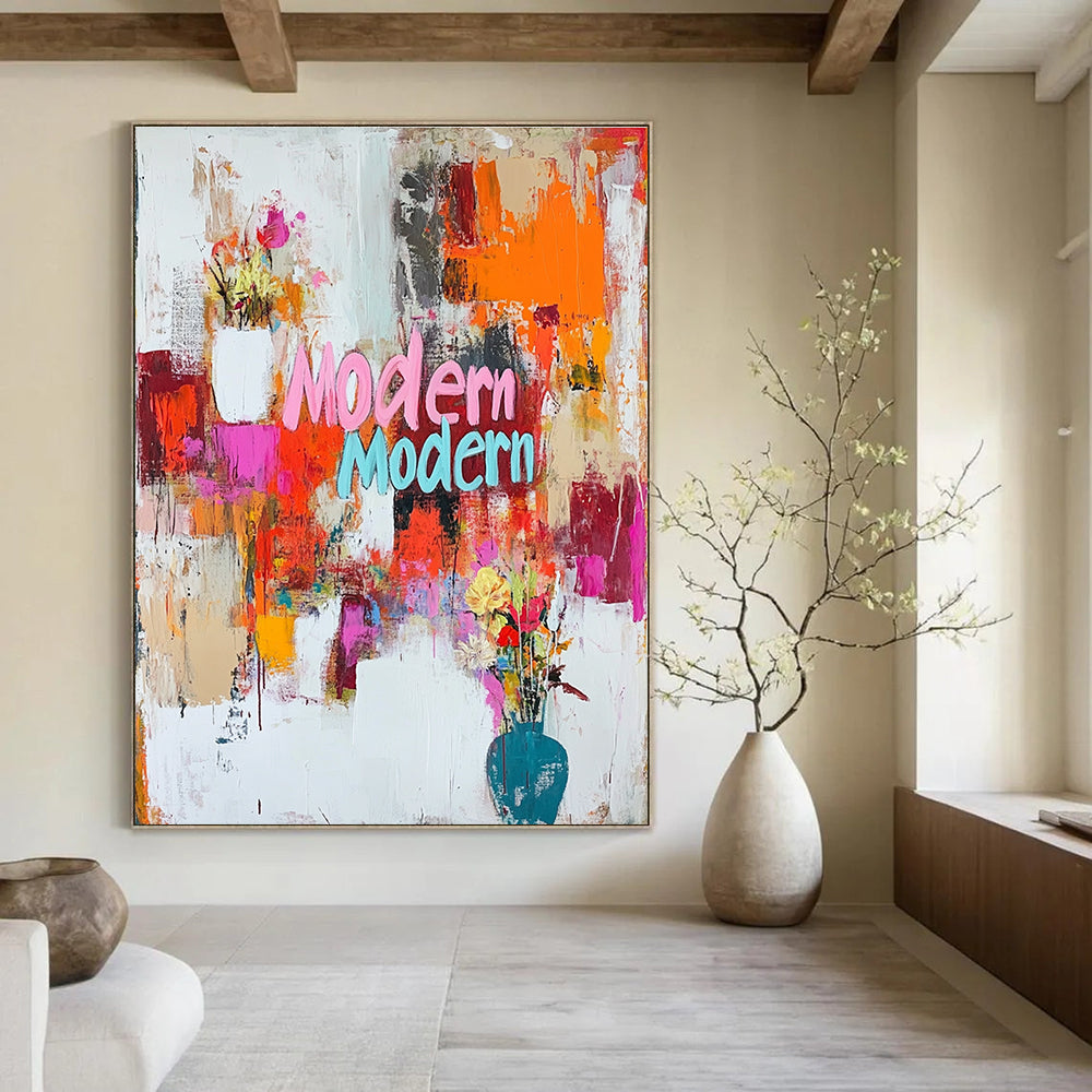 A large abstract painting featuring vibrant "Modern Modern" text in dynamic colors with energetic brush strokes and splashes creating a joyful composition.STSC1024