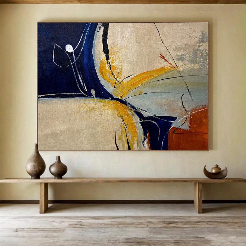 Blue Yellow Line Abstract Painting with Minimalist Shapes THY331