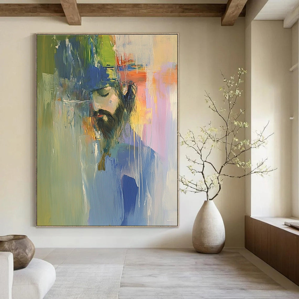 A large abstract oil painting of Jesus in vibrant colors, inspired by Richard Schmid and Peter Wileman, featuring a color field composition.STSC593