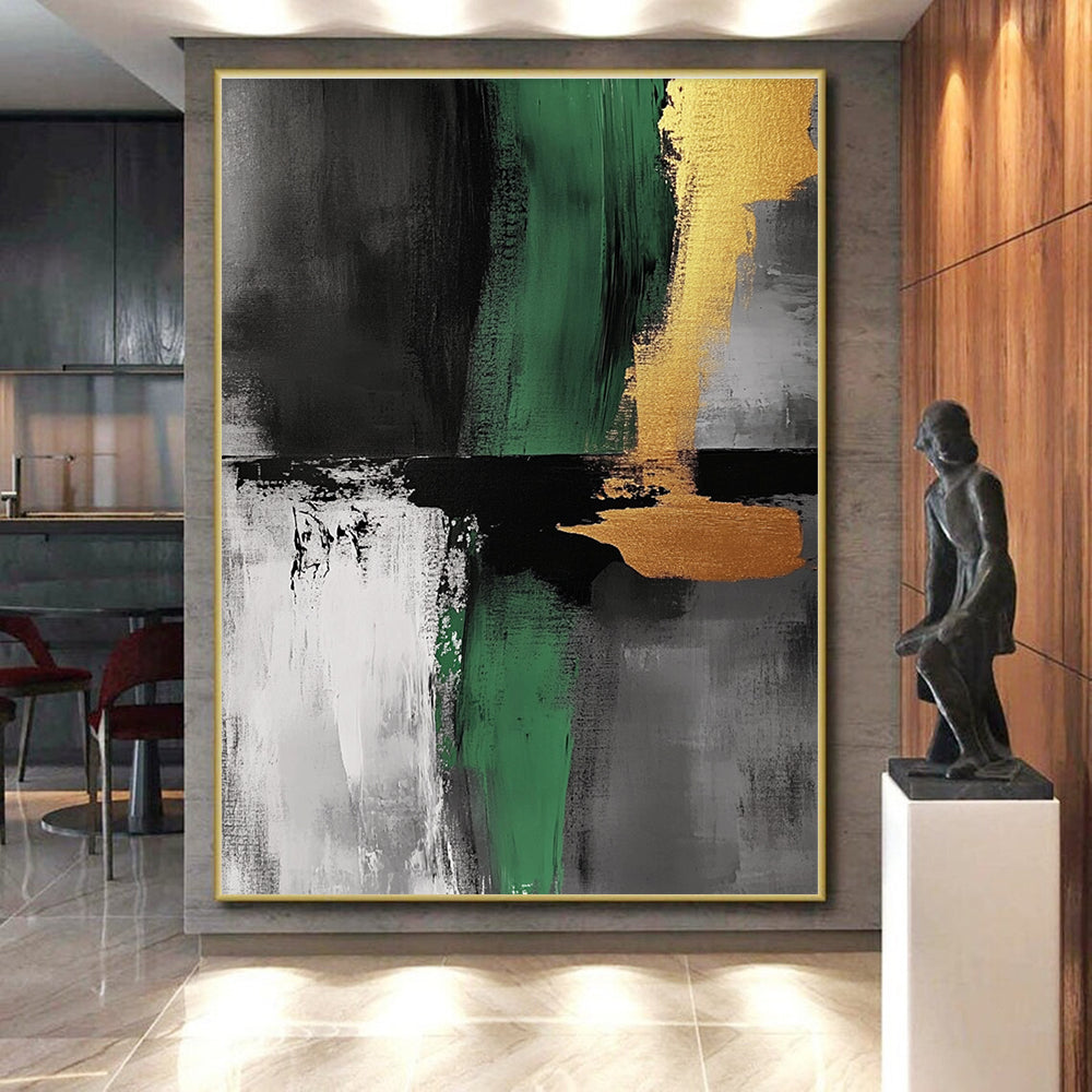 Green Gold and Gray Abstract Painting with Bold Strokes GER550
