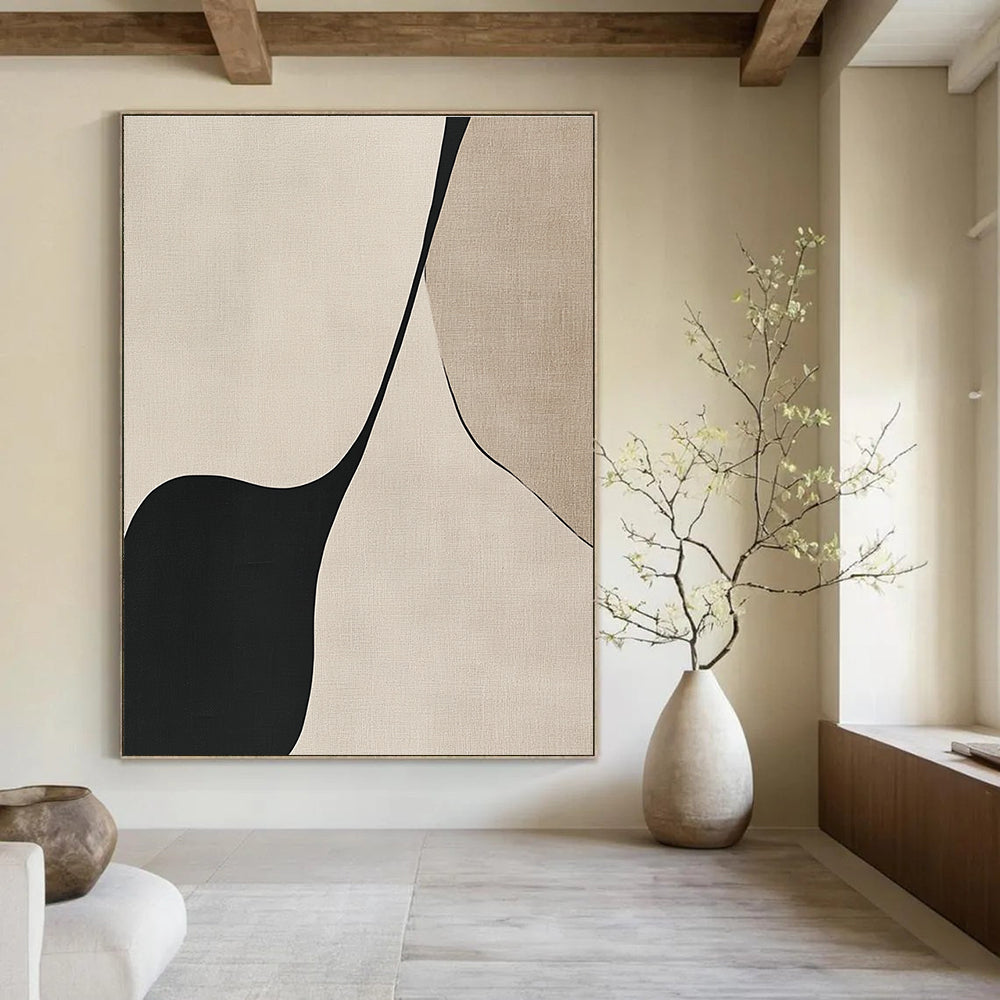 Bold abstract art featuring black lines on a beige background showcasing the elegant simplicity of the female form through simple shapes and curves.STSC1324