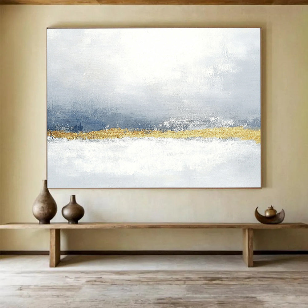 Large abstract painting in muted gray and blue with gold accents soft texture and calming minimalist style perfect for any space.SC066