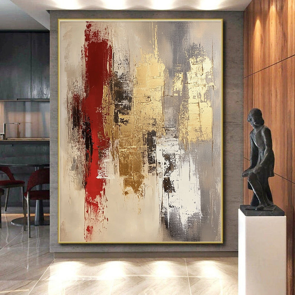 Red Gold and Gray Abstract Painting with Opulent Textures GER674