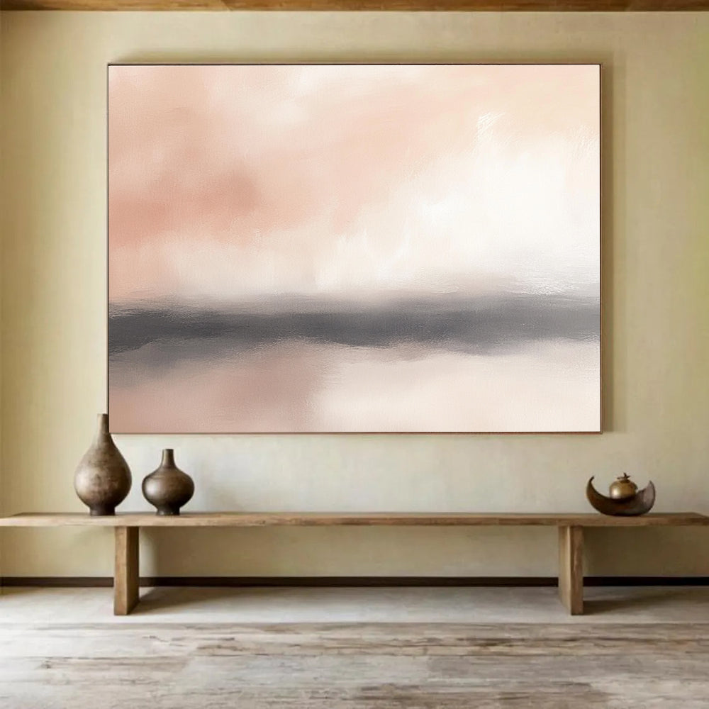 Large abstract painting of the horizon featuring soft pinks whites and hints of gray with blurry clouds for a serene atmosphere.SC360