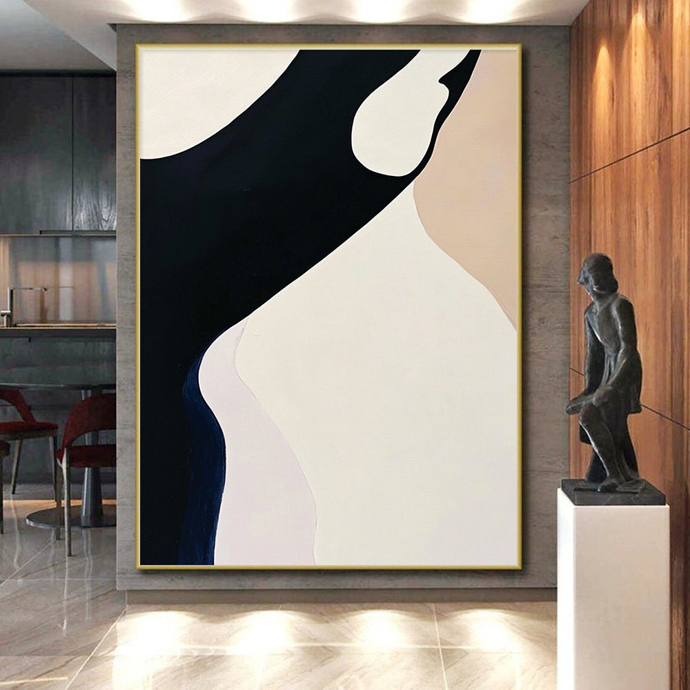 Black White and Beige Abstract Painting with Smooth Curves GER051