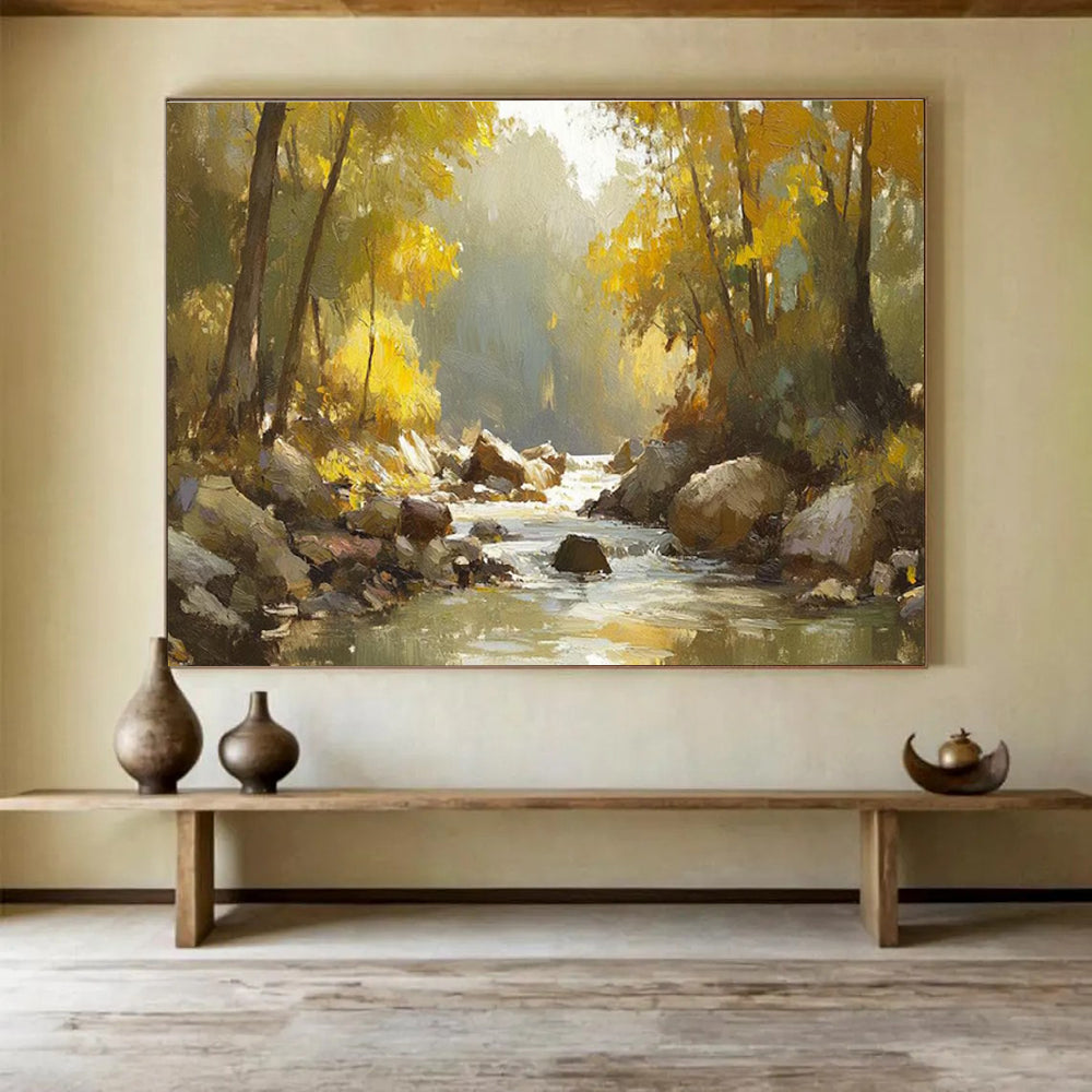 Autumn River Abstract Painting with Warm, Golden Tones THY412
