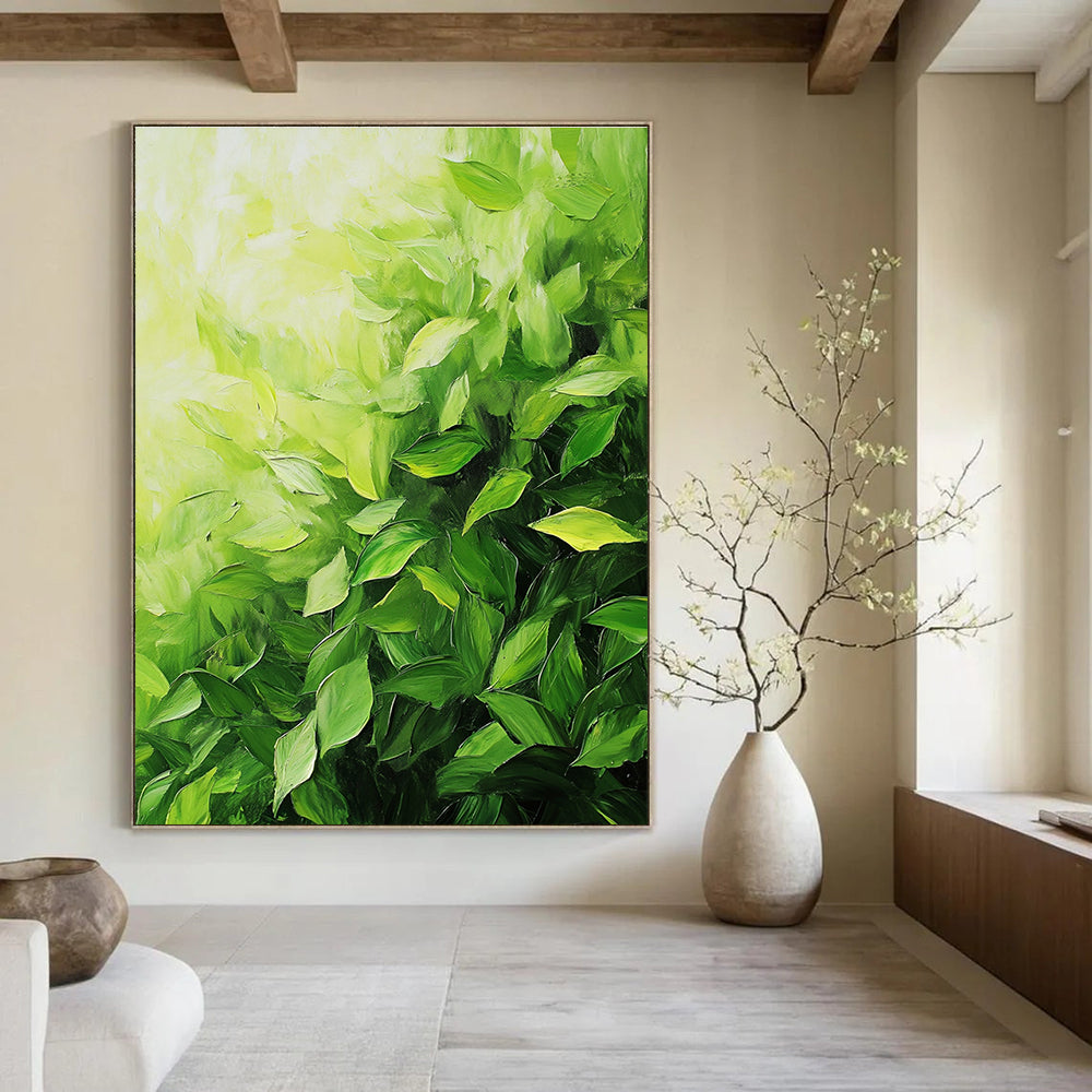 A large abstract painting of lush green tea leaves with thick brush strokes showcasing vibrant colors and dynamic composition.STSC1051