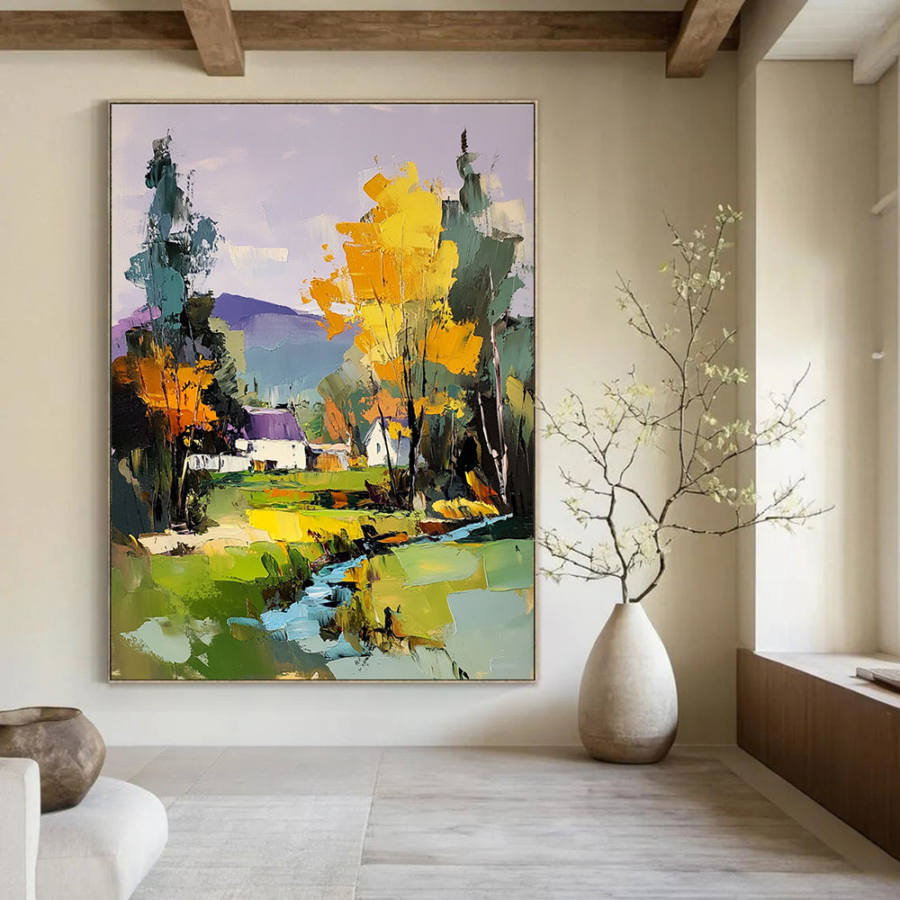 Large abstract painting featuring a river and trees with a house in the distance complemented by colorful brush strokes and a vibrant purple sky.STSC1308