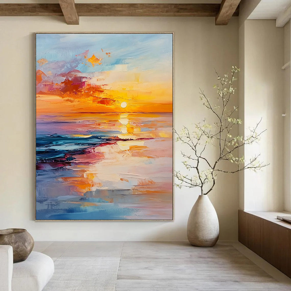 Abstract painting of a sunset over the ocean with vibrant orange and pink hues reflecting on serene waters conveying tranquility and harmony.STSC895