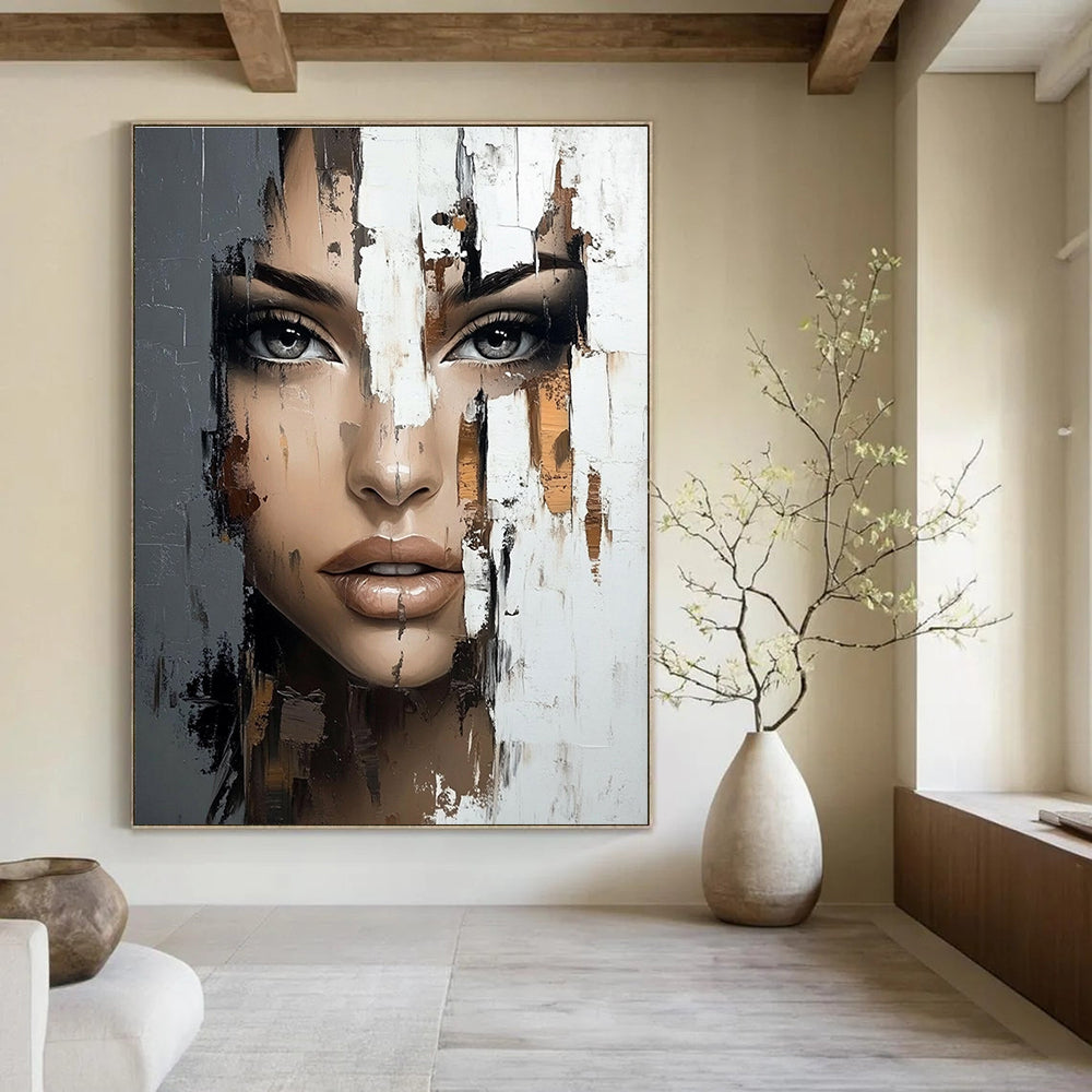Large abstract painting featuring a woman's face with brushstrokes reflecting the world outside using a rich palette of gray beige and brown.STSC902