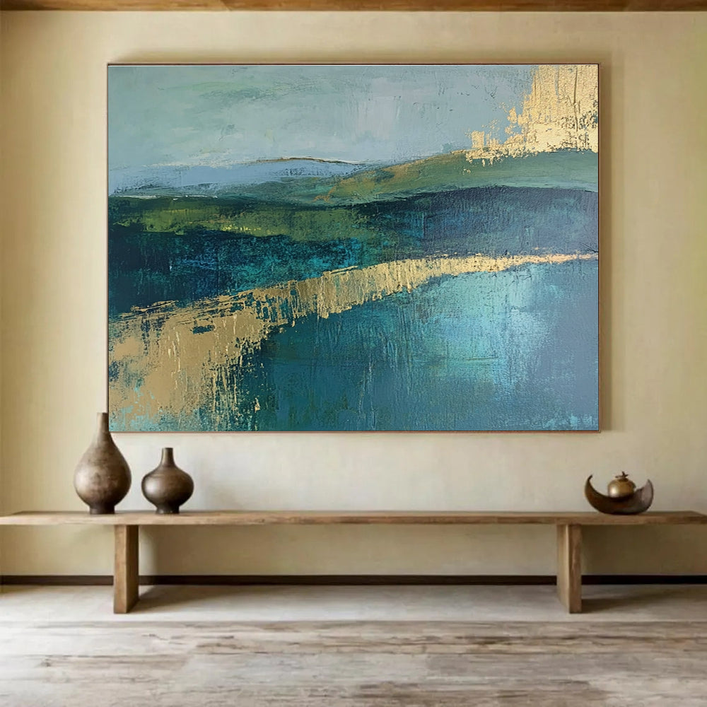 Green and Blue Abstract Landscape Painting with Gold Strokes DYP473