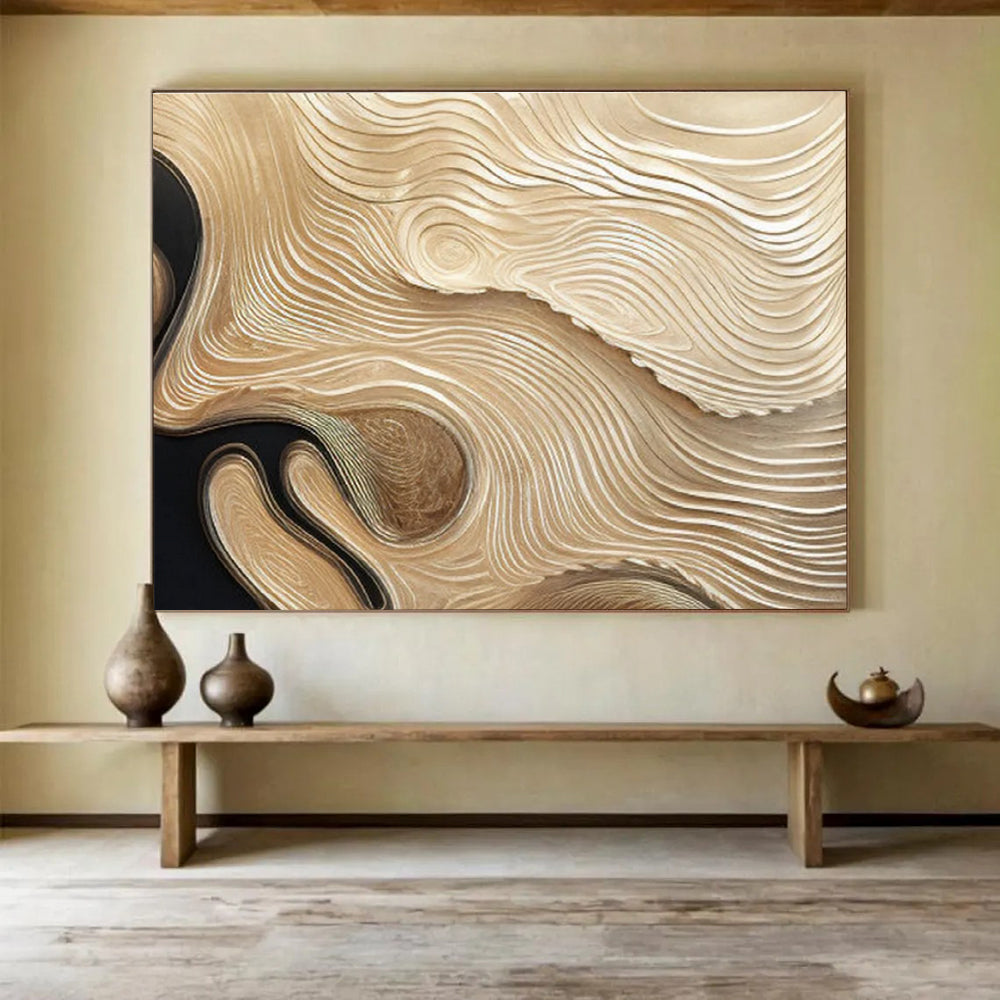 Golden and Black Textured Wave Abstract Painting THY100