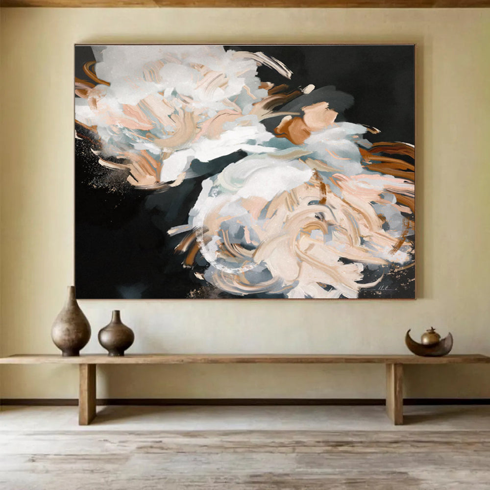 White Flower Abstract Painting with Elegant, Monochromatic Grace THY407