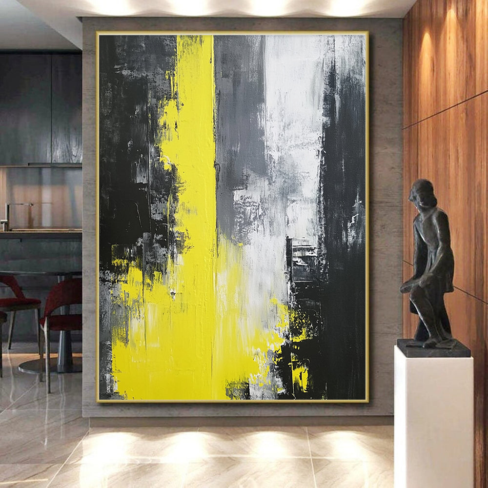 Black Gray and Yellow Abstract Painting with Expressive Strokes GER506