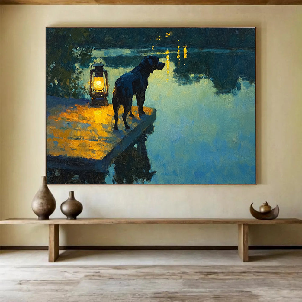 Large abstract painting featuring a black dog on a dock with a lantern reflecting on a lake at dusk in Impressionist style.SC597
