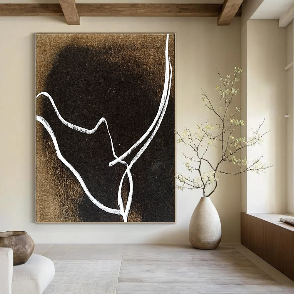 An abstract artwork featuring minimalist line art of a rhinoceros' horns in white on a dark brown background, inspired by Matisse and Dubuffet.STSC1346
