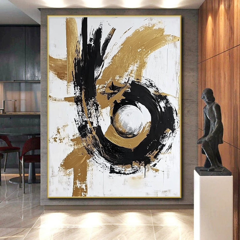 Gold and Black Abstract Painting with Circular Motifs GER655