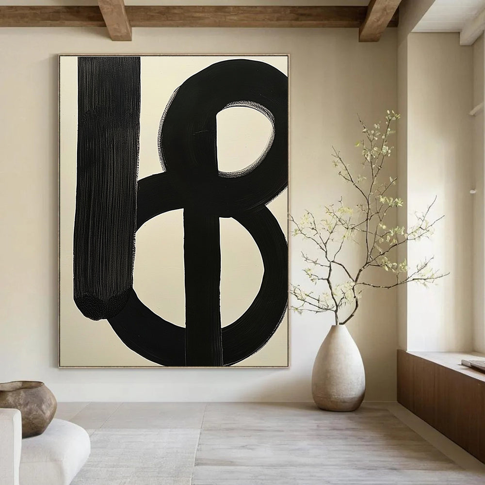 Large abstract painting featuring simple black and white shapes inspired by Jackson Pollock's style.STSC378