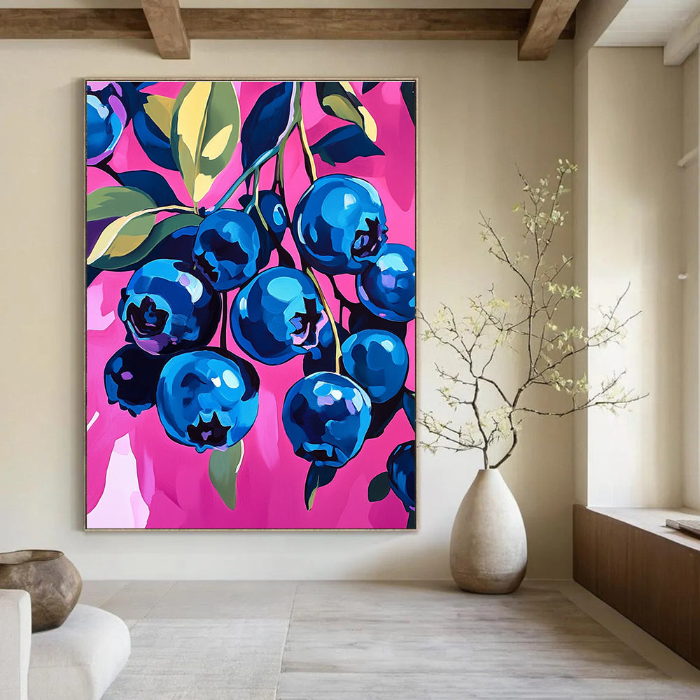 A large abstract painting of vibrant blueberries on a pink background featuring bold brushstrokes and dynamic textures that enhance any space.STSC1226