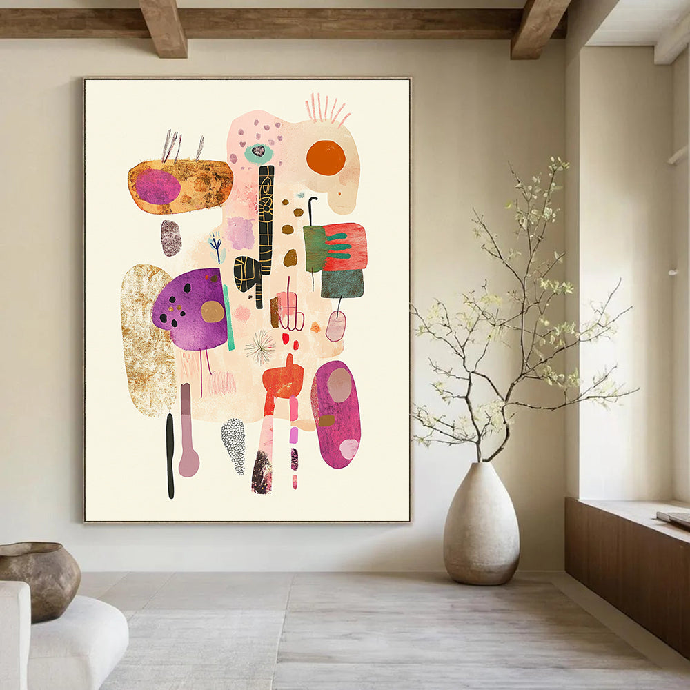 Large abstract illustration featuring soft pastel colors and simple line drawings with whimsical hand-drawn elements on a textured white background.STSC1322